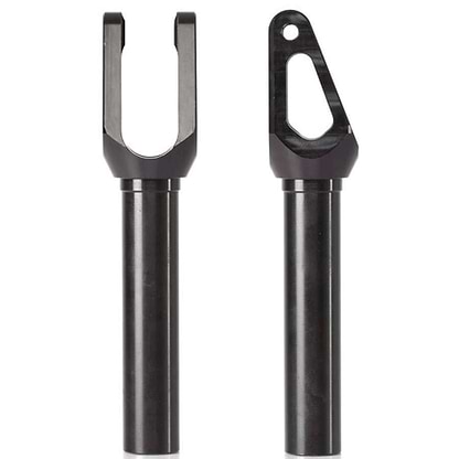 Displayed against a white background, two black Apex Quantum SCS/HIC Stunt Scooter Forks from the Apex brand are positioned side by side. The fork on the left showcases a durable U-shaped design, while the one on the right has an angled cutout. Both forks feature cylindrical bases.