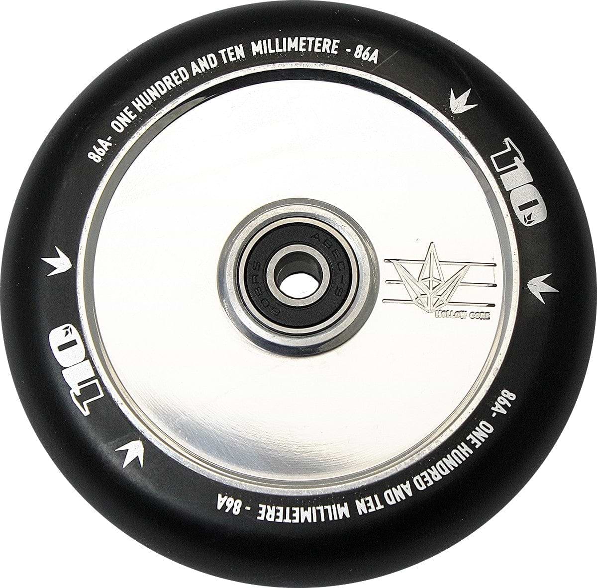 A close-up of a chrome silver scooter wheel highlights the hollowcore technology, with the tire marked "110 millimeter - 86A" for optimal performance. At the center is a star logo, while the Blunt Envy brand name graces the edge, reminiscent of premium wheels.