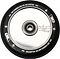 A close-up of a chrome silver scooter wheel highlights the hollowcore technology, with the tire marked "110 millimeter - 86A" for optimal performance. At the center is a star logo, while the Blunt Envy brand name graces the edge, reminiscent of premium wheels.
