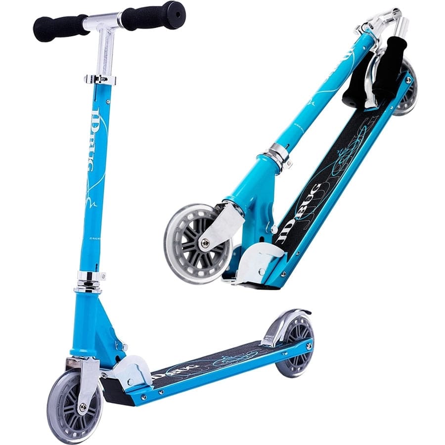 Explore the JD Bug Classic Street 120 Kids Foldable Kick Scooter in Sky Blue. This lightweight scooter boasts a collapsible design, a black deck, silver wheels, and sleek black handlebars with white graphics. Ideal for versatile use whether folded or unfolded.