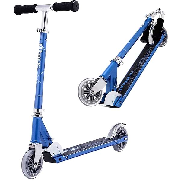The JD Bug Classic Street 120 Kids Foldable Kick Scooter in Reflex Blue features a lightweight design with silver handlebars, a black deck, and small wheels. This versatile scooter is shown both fully extended and partially folded for on-the-go convenience.