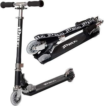 The JD Bug Original Street MS130B Kick Scooter in matte black is foldable and kid-friendly, featuring silver handlebars, two small wheels, and a carrying strap. The lightweight scooter's deck and front proudly display the white JD Bug logo.