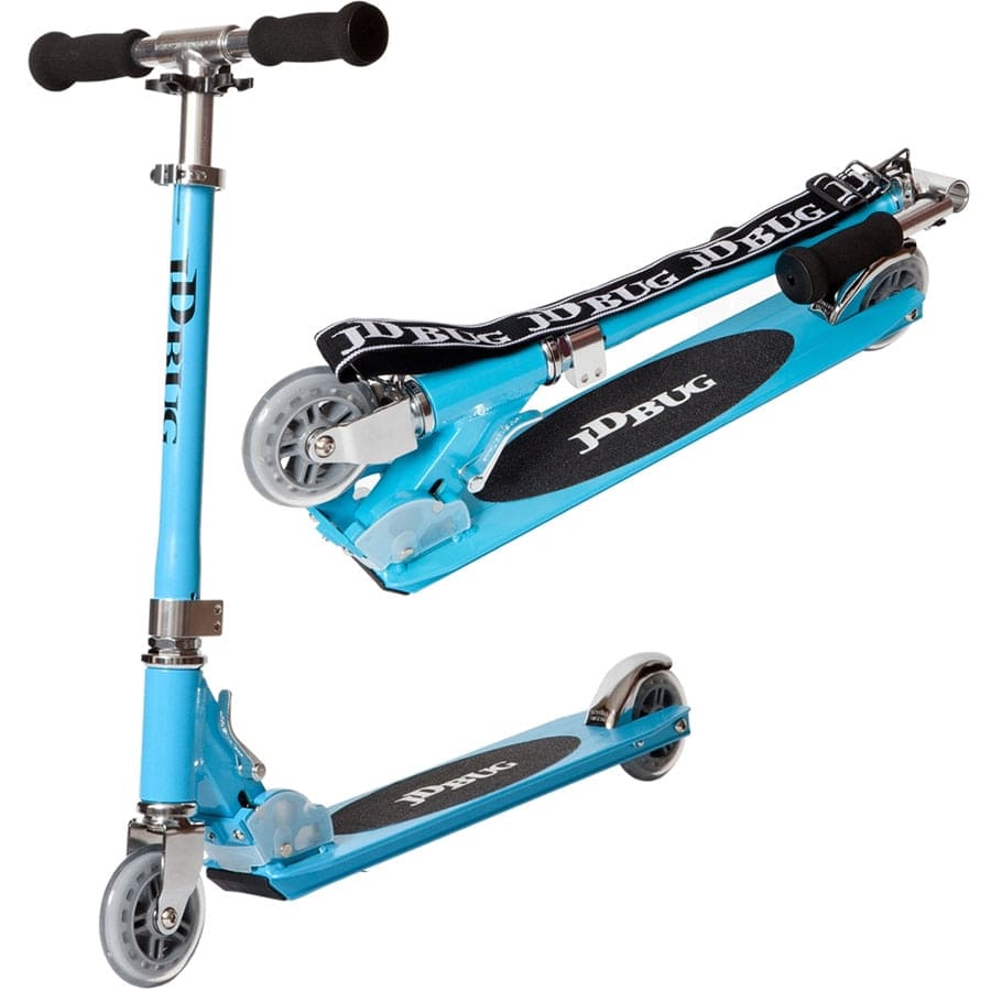 The JD Bug Original Street MS130B Foldable Kick Scooter, shown in sky blue, is lightweight and offers dual perspectives: one upright and assembled, the other folded with a carrying strap. It features a sleek design with a black grip deck, silver handlebars, black grips, and clear wheels for easy transport.