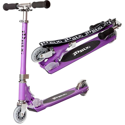 A collage shows the JD Bug Original Street MS130B Foldable Kick Scooter in matt purple, both upright and folded. It has black handlebars, clear wheels, a black deck with "JD Bug," and a convenient carrying strap.