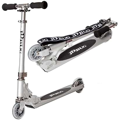The JD Bug Original Street MS130B Foldable Kick Scooter in Matt Silver features black foam handles and a non-slip footboard. It offers two forms: folded with a carry strap for easy transport and unfolded, ready for use.