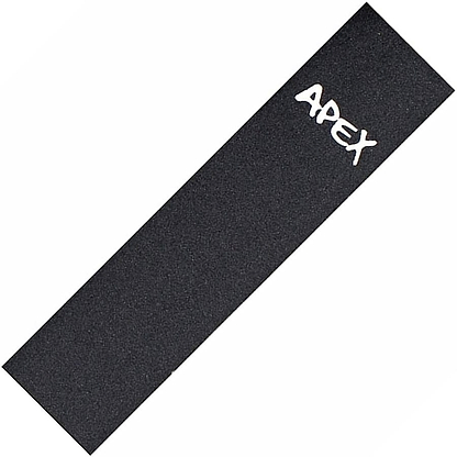 The Apex Pro Scooter Griptape - Laser Cut is a black skateboard grip tape featuring the word "APEX" in bold white letters at the top right corner. Its textured surface provides excellent traction, while the strong adhesive ensures a secure fit, making it an ideal choice for scooter griptape as well.