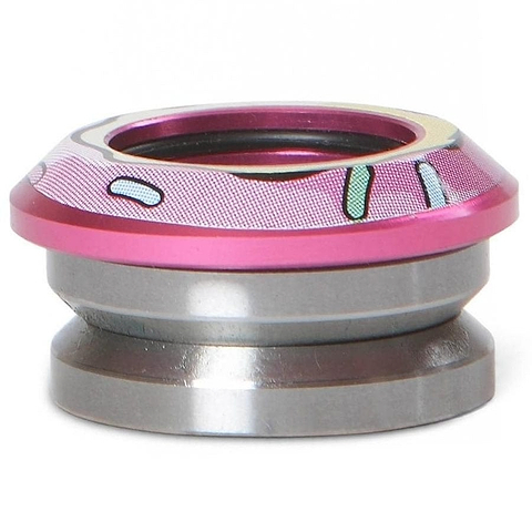 The Chubby Doughnut Integrated Stunt Scooter Headset - Pink features a smooth metallic design with a pink, patterned top section and a silver base. It includes subtle green and white accents, making it perfect for mechanical or decorative use with its sleek look and rounded edges.