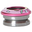 The Chubby Doughnut Integrated Stunt Scooter Headset - Pink features a smooth metallic design with a pink, patterned top section and a silver base. It includes subtle green and white accents, making it perfect for mechanical or decorative use with its sleek look and rounded edges.