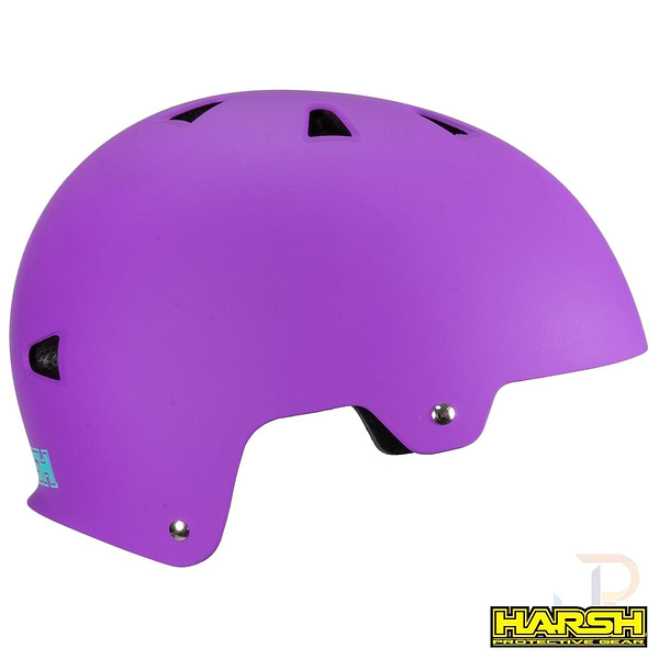 Introducing the Harsh ABS Skate/Scooter Helmet in purple, designed with ventilation holes for an optimal skateboarding experience. Its sleek, rounded shape is adorned with the signature Harsh logo on the side and another at the bottom right of the helmet. This impact-absorbing model guarantees safety while maintaining a stylish look.