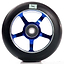 A detailed view of a 100mm black and blue stunt scooter wheel from Logic showcases its robust metal core constructed from durable 6061-T6 aluminum. This Logic 5 Spoke Wheel is equipped with ABEC 9 bearings for an exceptionally smooth ride, and features a subtle logo near the top. Its glossy blue surface pops against the white backdrop.
