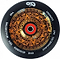 Close-up of a black skateboard wheel featuring detailed golden Mayan-inspired designs. The words "Infinity," "IPS Technology," and "Hundred Twenty Millimeter" encircle the edge. Enhanced with Semi Hollowcore technology, the red central hub is paired with ABEC 9 bearings for a smooth ride.