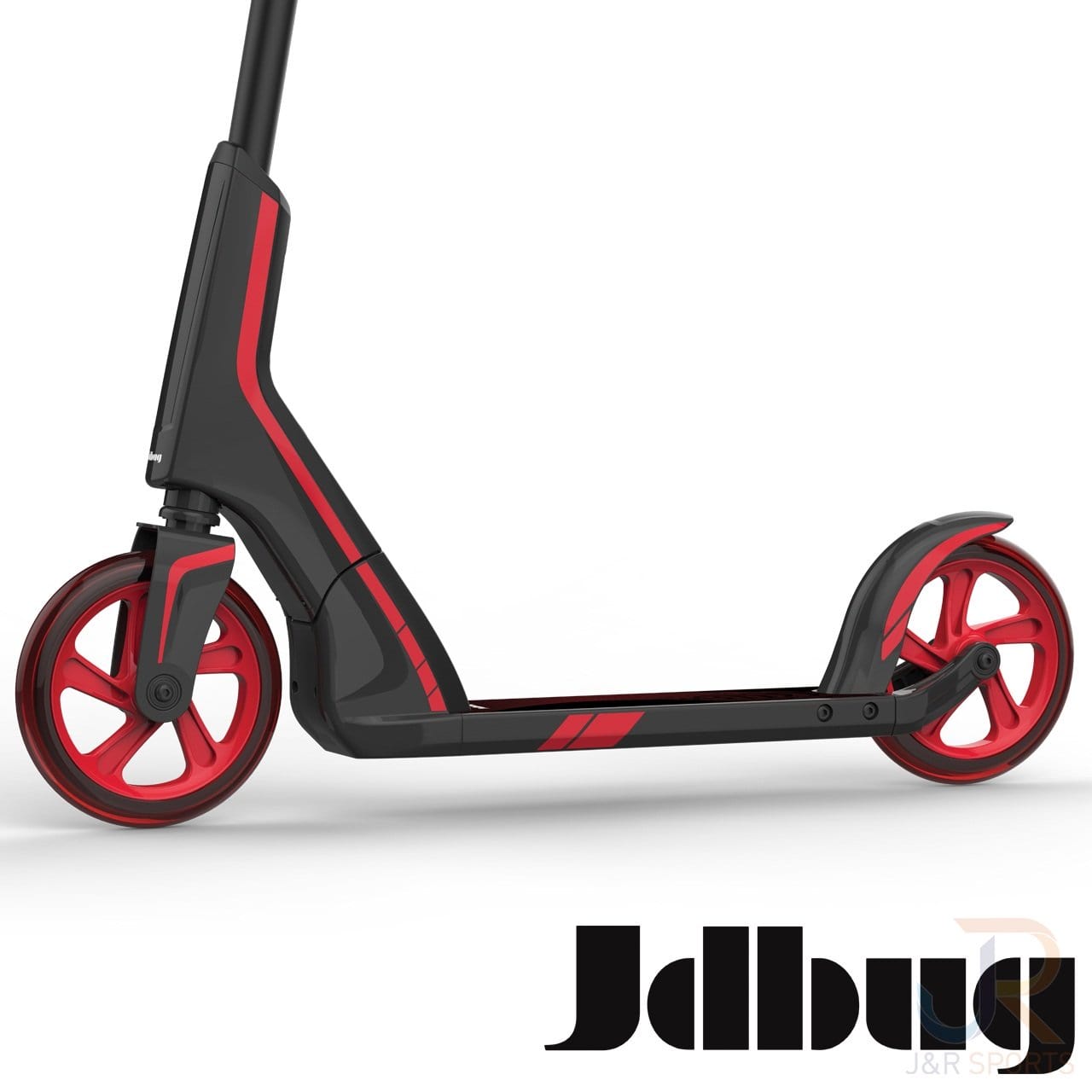 Introducing the JD Bug Pro Commute 185 Foldable Scooter in Black and Red, featuring an ergonomic design with eye-catching red wheels and a sleek frame. The prominent "Jdbug" silhouette logo highlights its advanced Dual Bearing System for a smoother ride.