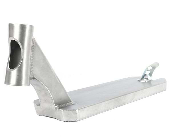 A close-up view of the Apex Pro Raw Silver Tapered Stunt Scooter Deck by Apex, measuring 5" x 19.3", features a head tube. The light silver color accentuates its smooth finish and precise welds. A cutout in the head tube and rear attachment enhance its sleek design, showcasing this durable scooter deck crafted for performance.