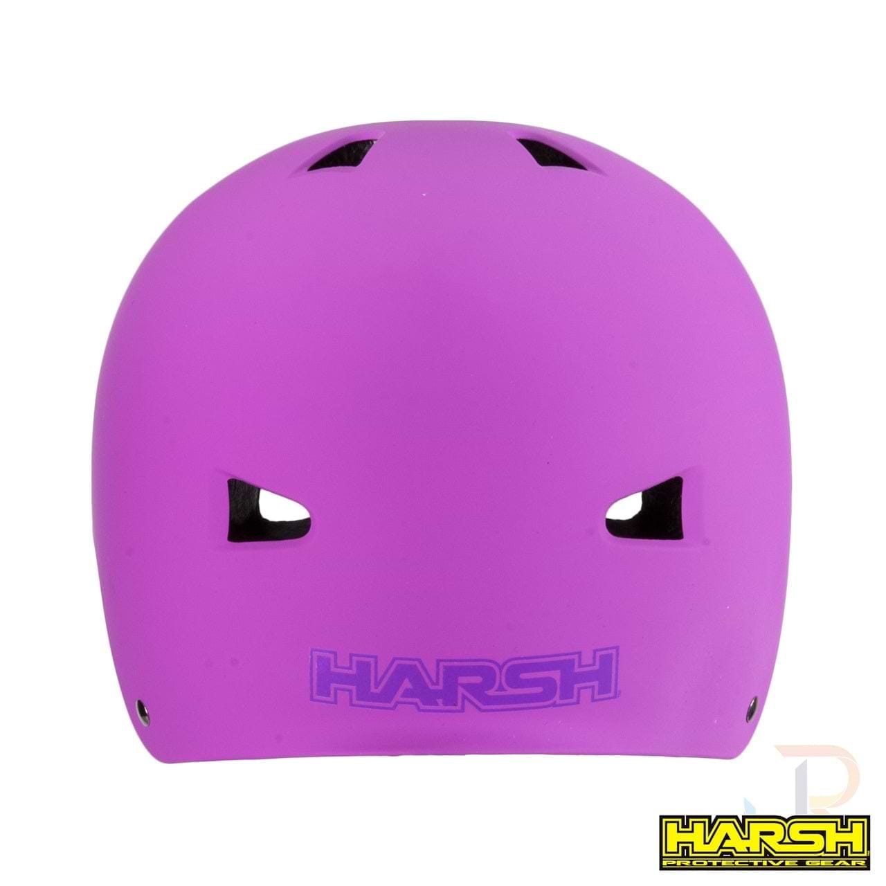 A vibrant pink skate helmet with durable ABS shells and two ventilation slots on the front. The word "HARSH" is printed subtly on the lower front, accompanied by a yellow logo featuring the same text in the bottom right corner. An EPS foam liner ensures added protection.