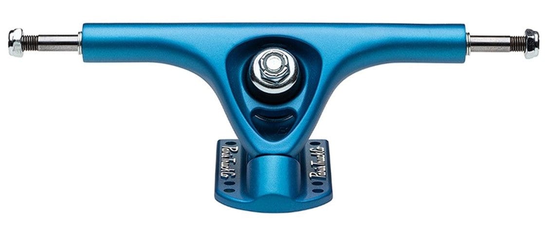 The Paris V3 Cobalt Blue Longboard Trucks (Pair) - 180mm, designed by Paris, are crafted from a proprietary alloy for superior durability and equipped with silver nuts and bolts to enhance their sleek appearance. These trucks include urethane components such as bushings to ensure smooth turning and are styled similarly to the renowned Paris V3 Longboard Trucks, displayed against a white background.