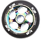 The Dare Motion 110mm Stunt Scooter Wheel - Neochrome is a stylish wheel featuring an aluminum core and the "Dare" brand name in white on its rim. It has five spokes in vibrant rainbow colors and is made from durable polyurethane, boasting an 88A hardness rating for a smooth ride.
