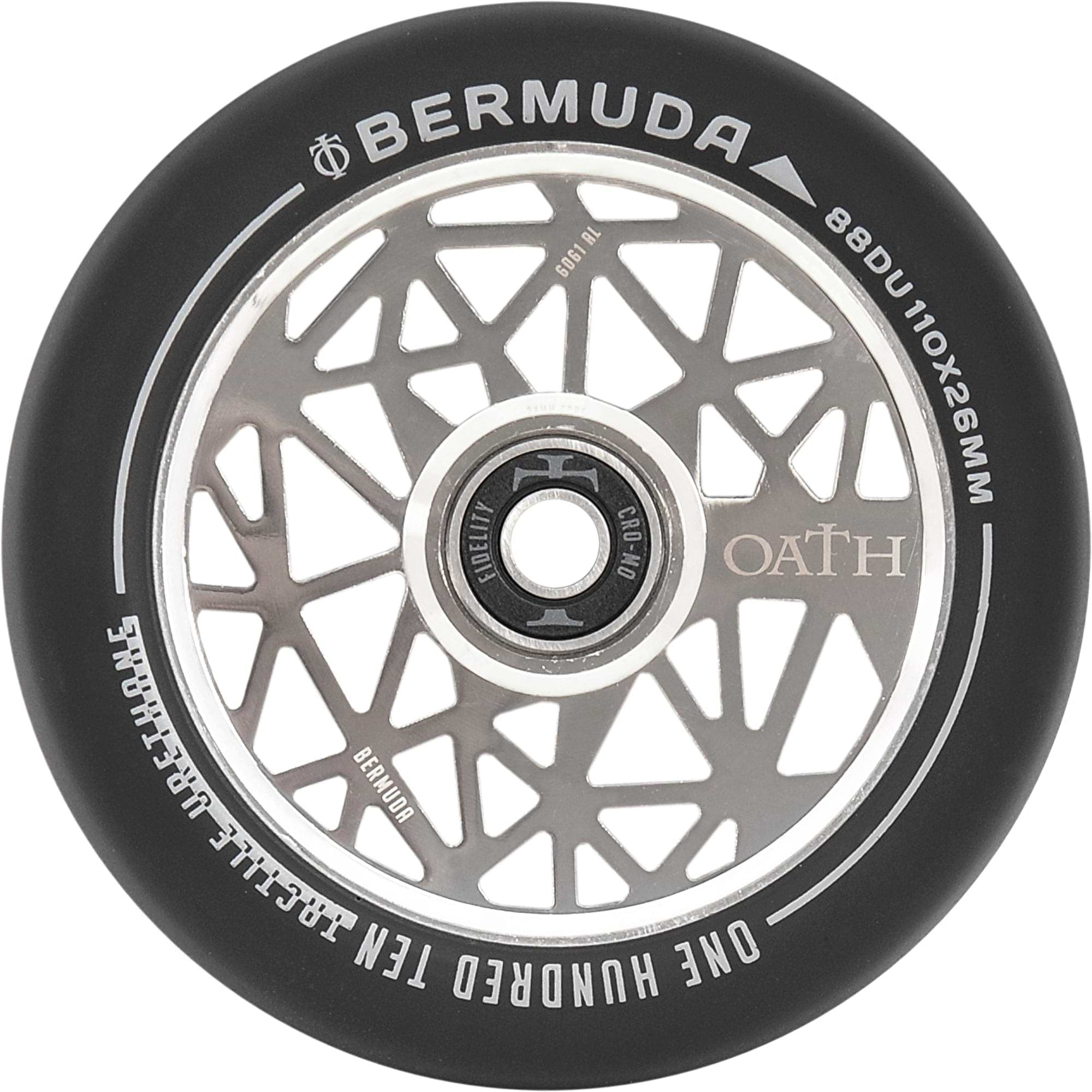 A close-up of the Neo Silver Oath Bermuda 120mm stunt scooter wheel showcases the brand "Oath" with a geometric, triangular pattern on the hub. It is equipped with high-grade Oath Fidelity bearings for excellent corrosion resistance and includes size and specification details.