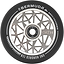 A close-up of the Neo Silver Oath Bermuda 120mm stunt scooter wheel showcases the brand "Oath" with a geometric, triangular pattern on the hub. It is equipped with high-grade Oath Fidelity bearings for excellent corrosion resistance and includes size and specification details.
