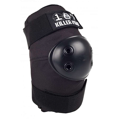 Close-up of a black elbow pad with a hard plastic protective cap and adjustable straps, providing dependable protection. The pad is branded with "187 Killer Pads" in white, offering both style and safety for athletic performance.