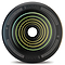 The Lucky Lunar 110mm Stunt Scooter Wheel - Hypnotic from Lucky features a sleek black design embellished with vibrant yellow and green circles, made from high-performance urethane to deliver lightweight wheels that transform smooth riding.