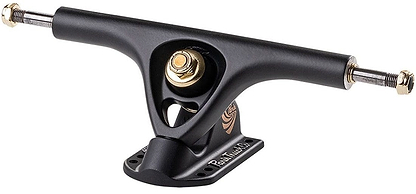 The Paris V3 Matt Black Longboard Trucks (Pair) - 180mm from Paris feature a black truck with a gold-tone nut and bolt assembly and an engraved logo. Designed for attaching to a skateboard deck, these trucks offer the strength and durability characteristic of Paris V3 Longboard Trucks, along with a sleek finish.