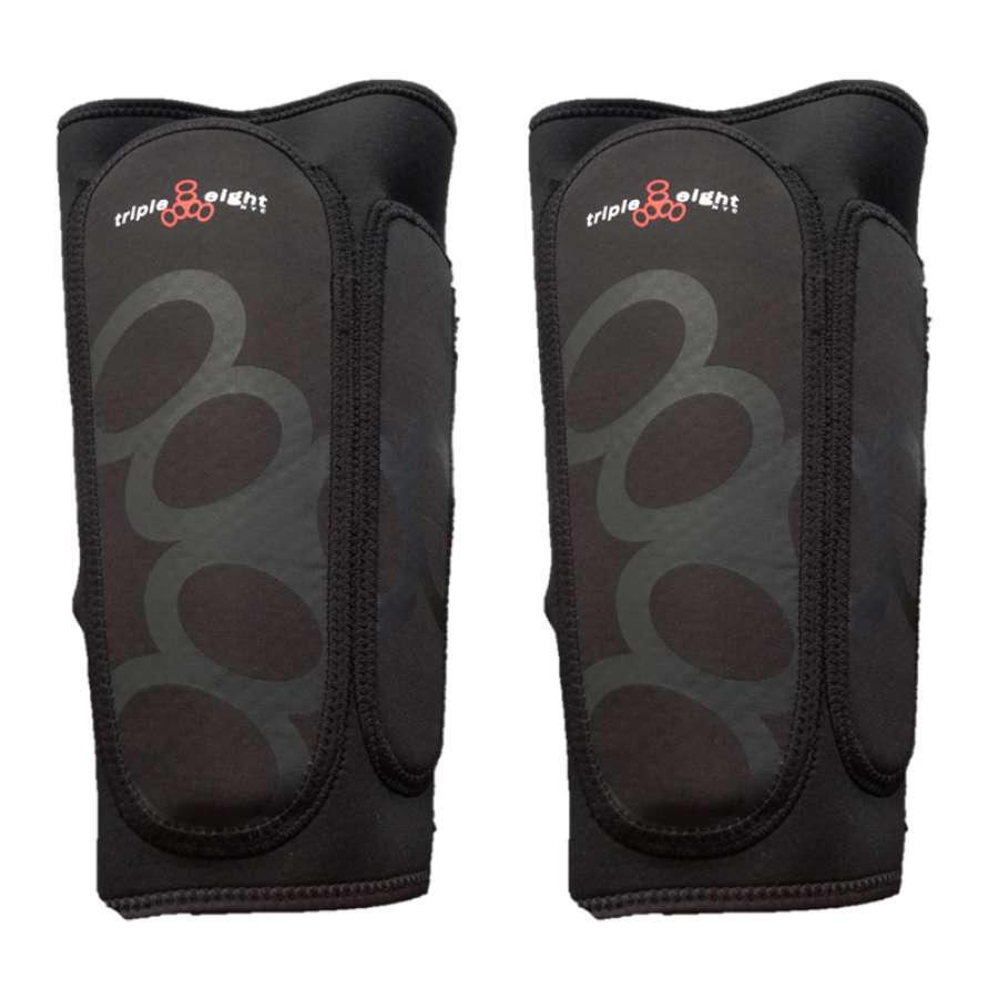 The Triple 8 ExoSkin Shin & Whip Skate Protection Guards in black feature a neoprene body and a stylized number "8" logo. These sleek, curved guards provide protective cushioning for skating or other outdoor activities.