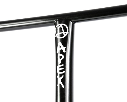 Close-up of a black handlebar featuring "APEX" and an abstract logo in white. These T-shaped bars, crafted from robust 4130 Chromoly Steel, have a glossy finish and are perfect for the Apex XXL Steel Oversized SCS Stunt Scooter T-Bars - Black 730mm x 660mm.