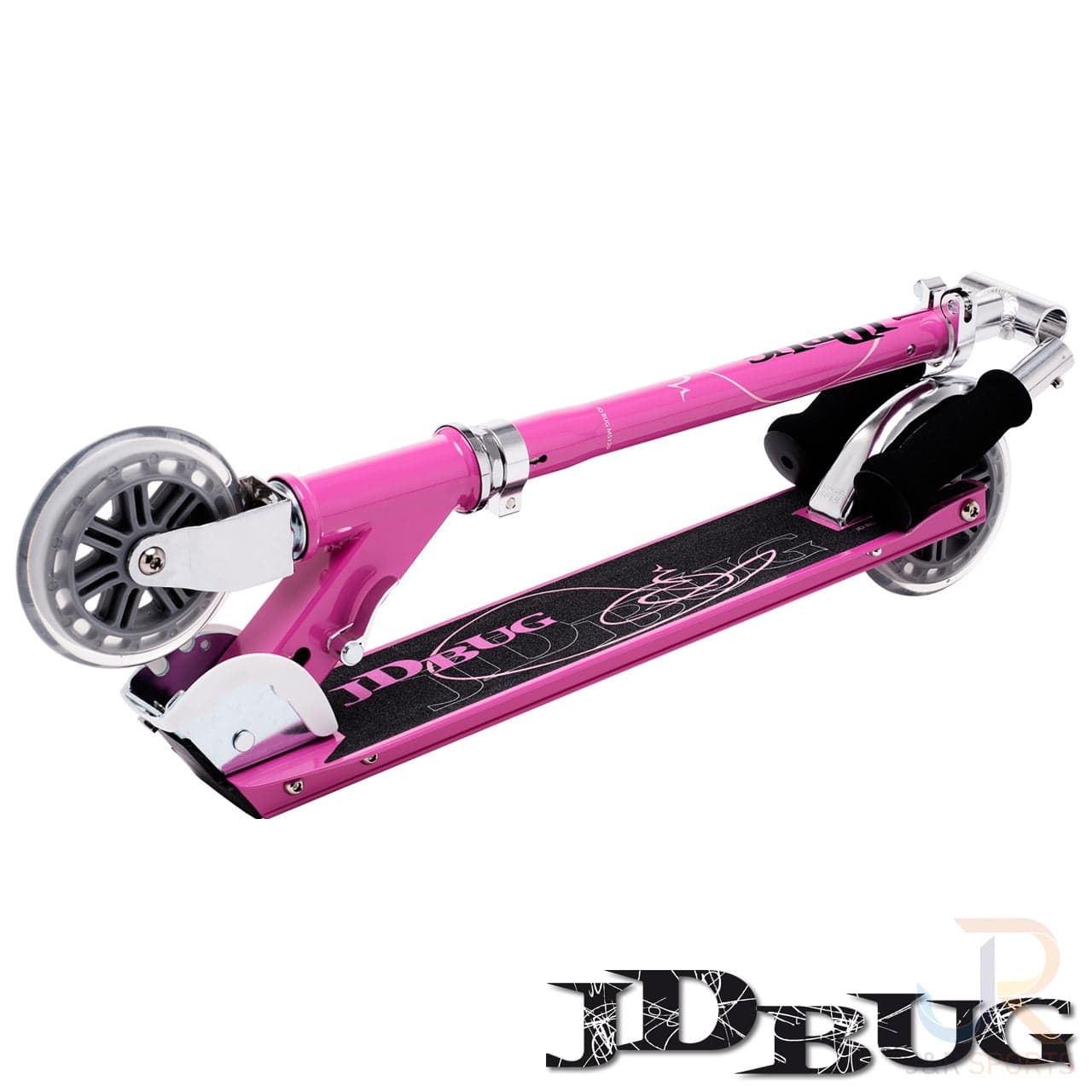 The JD Bug Classic Street 120 Kids Foldable Kick Scooter in pastel pink features a lightweight design with clear wheels, black grip tape featuring a scooter silhouette, and "JDBUG" branding on the side and deck. It is shown folded against a white background, offering both convenience and style.