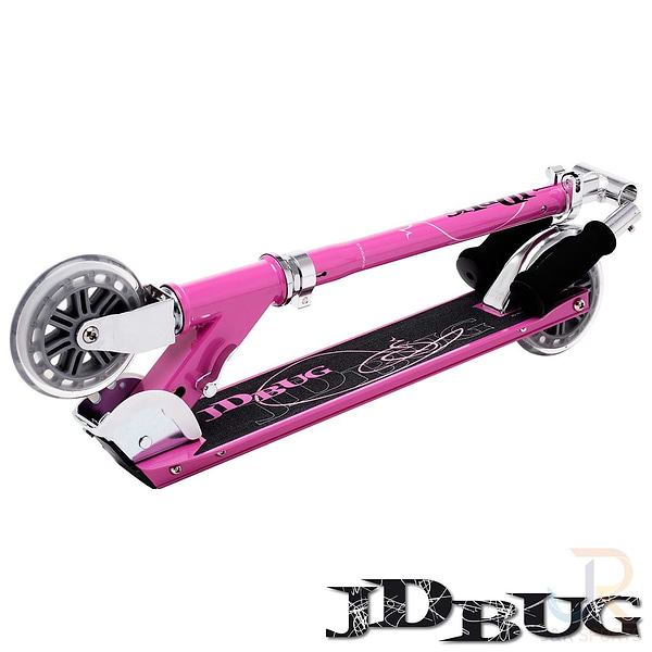 The JD Bug Classic Street 120 Kids Foldable Kick Scooter in pastel pink features a lightweight design with clear wheels, black grip tape featuring a scooter silhouette, and "JDBUG" branding on the side and deck. It is shown folded against a white background, offering both convenience and style.