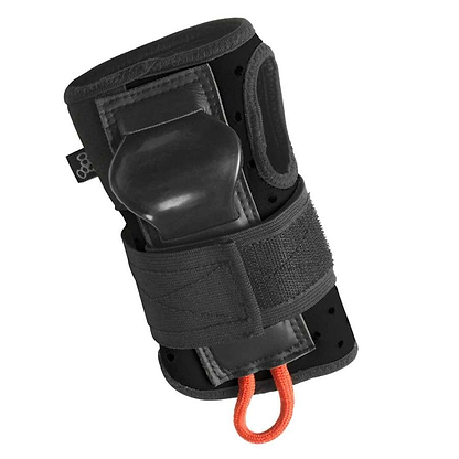 The Triple 8 Wristsaver Roller Derby Protection Wrist Guards in black are shown. They offer uncompromising protection with a hard protective shell on the front, reinforced double-stitching, and breathable material featuring small perforations on the back. The design includes a Velcro strap and red pull loop, making them ideal for roller derby enthusiasts.