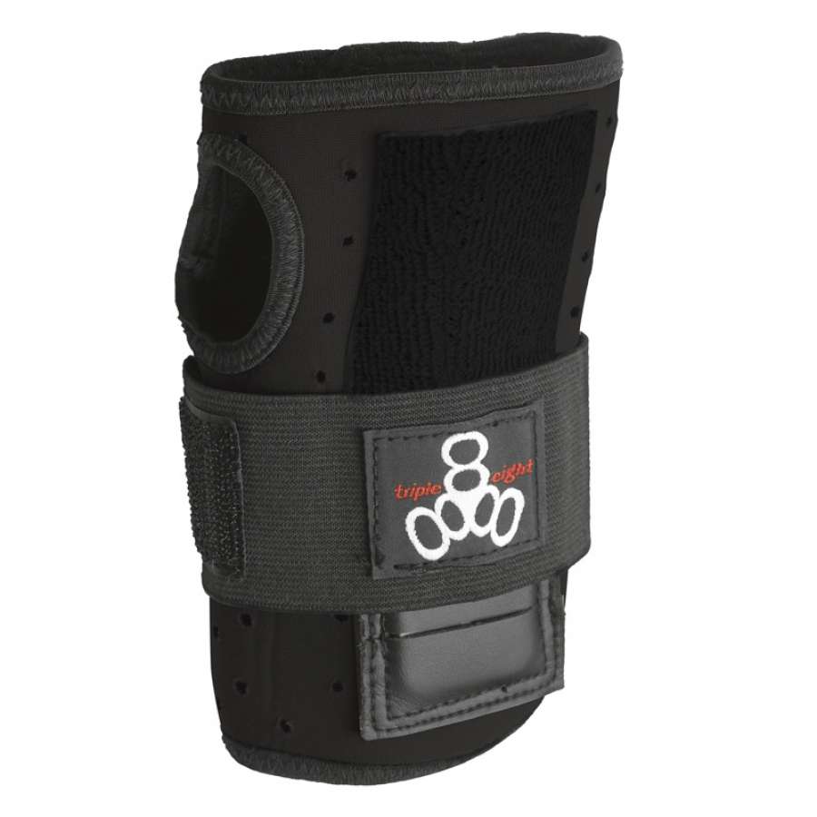 The Triple 8 Wristsaver Roller Derby Protection Wrist Guards in black feature gray padding and a Velcro strap, adorned with a logo of three white circles and the text "triple eight" in red. These wrist guards provide unmatched protection with reinforced double-stitching, perfect for activities such as skateboarding or roller derby.