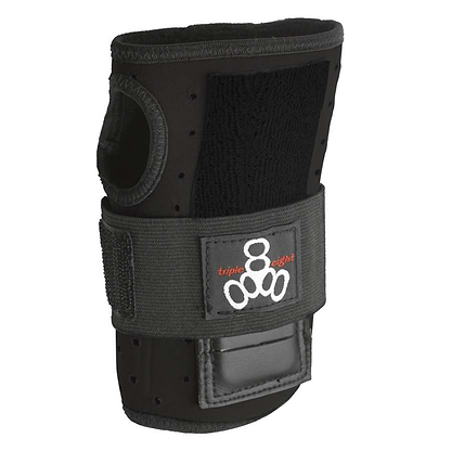 The Triple 8 Wristsaver Roller Derby Protection Wrist Guards in black feature gray padding and a Velcro strap, adorned with a logo of three white circles and the text "triple eight" in red. These wrist guards provide unmatched protection with reinforced double-stitching, perfect for activities such as skateboarding or roller derby.