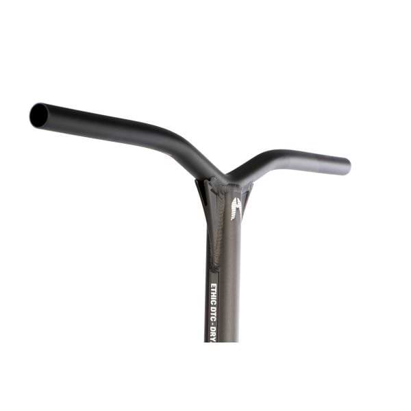 A close-up view of the Ethic DTC Dryade 62 Aluminium ICS/IHC stunt scooter bars in black, featuring a classic T-shaped design with a central stem and straight grips. The brand "Ethic" is prominently displayed, emphasizing its sleek, minimalist aesthetic against a white backdrop. These bars, measuring 620mm x 580mm, are part of the renowned Ethic DTC range known for lightweight scooter components.