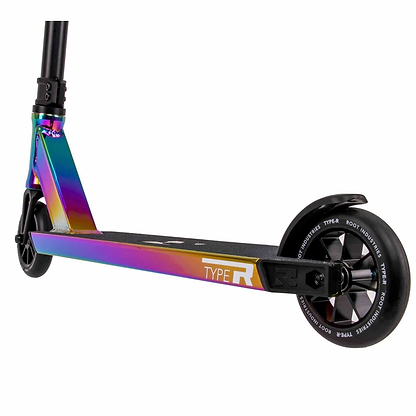 The Root Industries Type R Complete Stunt Scooter - Rocket Fuel Neochrome features a vibrant finish with a lightweight aluminum deck and black handle, ideal for intermediate and advanced riders.