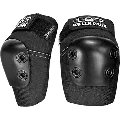 The 187 Killer Elbow Skate Protection Pads in black offer reliable protection for athletic performance with their hard plastic protective caps and adjustable straps. Featuring two metal rivets on each cap and visible 187 branding on the top strap, they're designed to shield you during activities like skating.