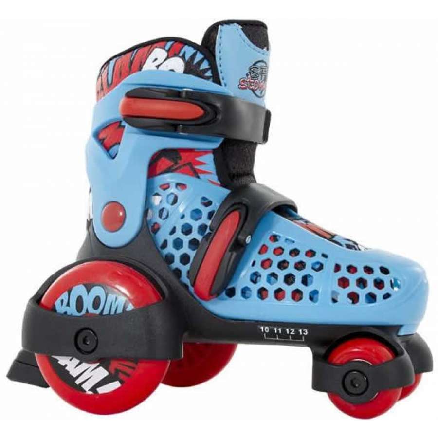 The SFR Stomper Adjustable Quad Roller Skates in blue, brought to you by SFR, showcase a striking blue and red color scheme adorned with cartoon-style graphics and the word "BOOM." These skates feature an innovative design with three wheels—two larger red wheels paired with a smaller front wheel—and include a convenient size-adjuster system on the side for personalized fit adjustments.