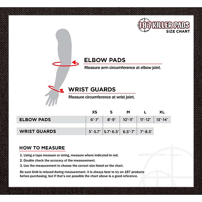 A size chart for the 187 Killer Elbow Skate Protection Pads - Black provides reliable protection by offering measurements in inches for both elbow pads (sizes S to XL) and wrist guards (sizes S to L). It includes guidance on measuring arm and wrist circumferences to ensure optimal athletic performance.