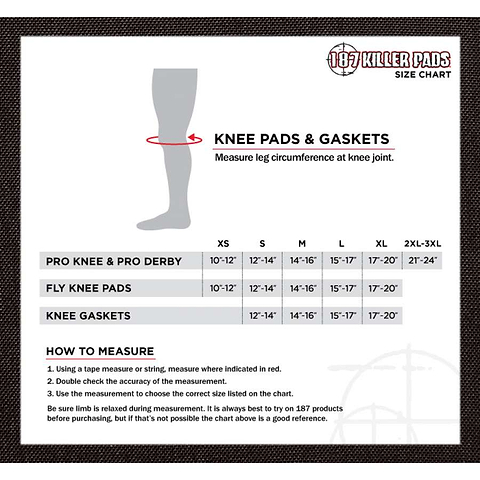 The sizing chart for the 187 Killer Knee Gasket Skate Protection Pads by 187 details leg circumference measurements for sizes XS to 2XL-3XL. It highlights neoprene knee protection and ergonomic design, featuring Pro Knee, Pro Derby, Fly Knee Pads as well as instructions on how to measure.