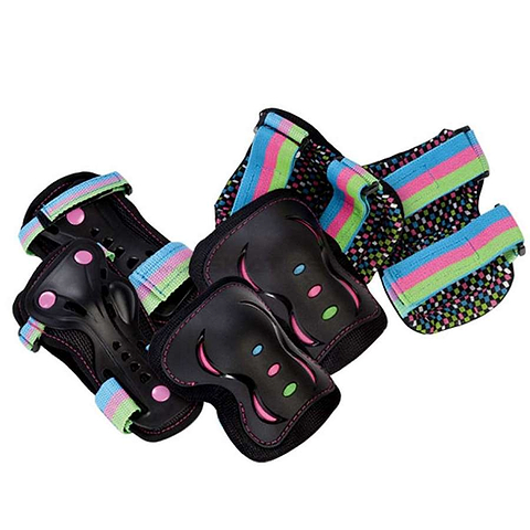 Introducing the SFR Essentials Junior Triple Skate Protection Pad Set in Disco Black: a vibrant protective set for younger riders. It features colorful kneepads, elbow pads, and wrist guards with multicolored straps and impact caps, designed to keep kids safe while skating or participating in similar activities.