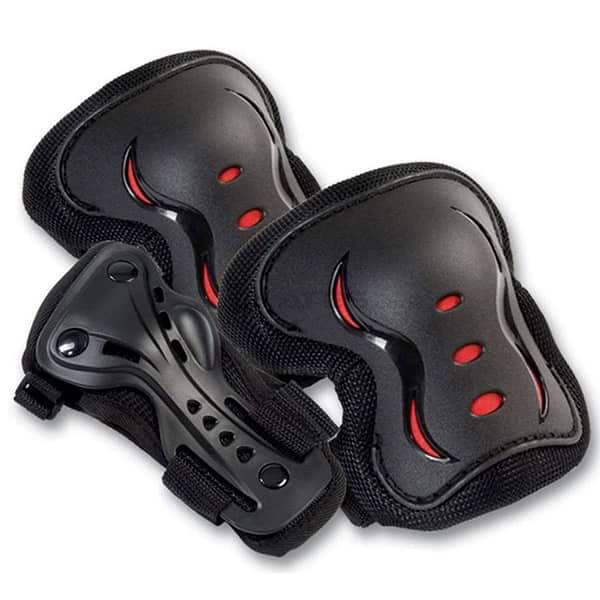 Introducing the SFR Essentials Junior Triple Skate Protection Pad Set in Black: featuring a pair of black and red protective knee pads with impact caps and a sleek wrist guard. Designed with curved elements and perforations for breathability, this entry-level protection offers comfort and safety for young enthusiasts.