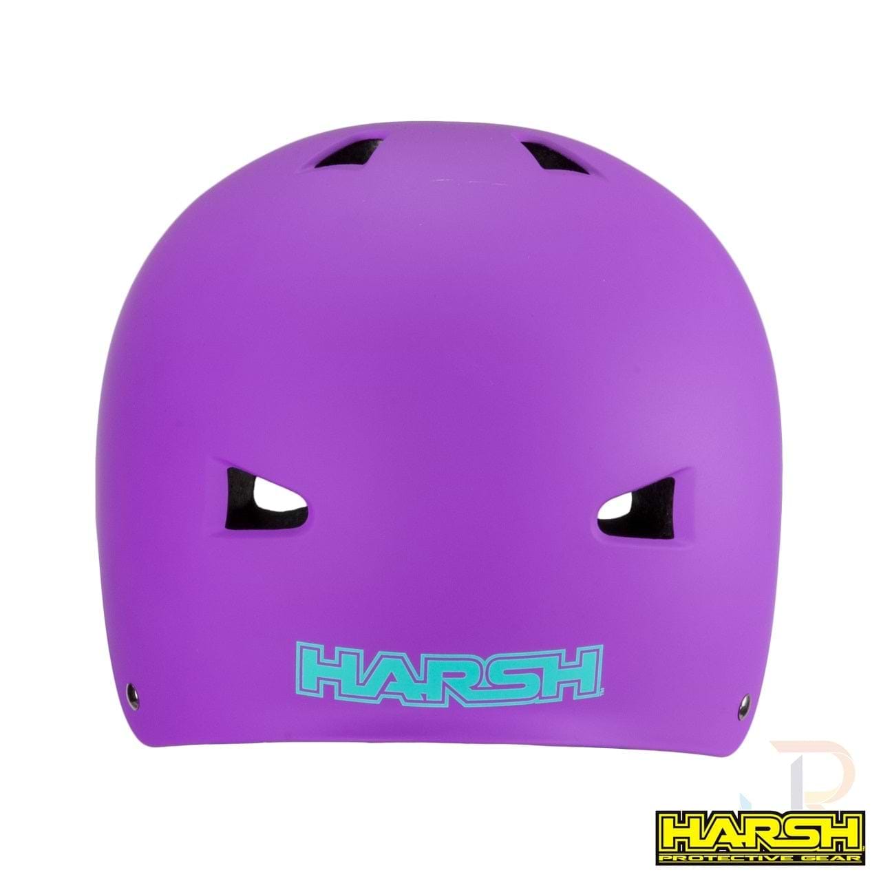 Introducing the Harsh ABS Skate/Scooter Helmet in purple, featuring strategically placed ventilation holes and bold blue "HARSH" lettering on the front. Constructed from impact-absorbing ABS material, it showcases the "HARSH PROTECTIVE GEAR" logo in striking yellow and black at the bottom right corner.