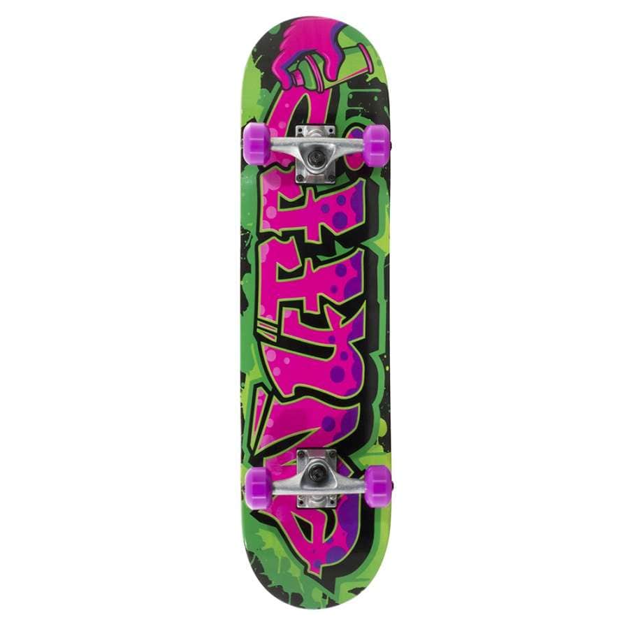 The Enuff Graffiti II Pink / Green Mini Complete Skateboard - 7.25" x 29.5" is ideal for beginners, featuring striking green and black graphics highlighted with bold pink lettering. It includes purple wheels and trucks that offer a vibrant contrast, all constructed on a robust 7-ply Maple deck for an engaging and visually appealing design.