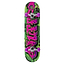 The Enuff Graffiti II Pink / Green Mini Complete Skateboard - 7.25" x 29.5" is ideal for beginners, featuring striking green and black graphics highlighted with bold pink lettering. It includes purple wheels and trucks that offer a vibrant contrast, all constructed on a robust 7-ply Maple deck for an engaging and visually appealing design.