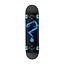 The Enuff Pyro II Black / Blue Complete Skateboard - 7.75" x 31.5" showcases a distinctive fiery question mark design on its deck in blue. It comes equipped with beginner-friendly blue wheels and robust black trucks, complemented by subtle black text and logos in the background, making it ideal for new riders.