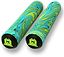 Two cylindrical foam rollers with a striking teal and lime swirl pattern. Each end showcases a black cap adorned with the neon green "M" logo of Madd Gear (MGP). Made from durable TPR compound, they feature a ribbed texture for enhanced grip or a massaging effect, similar to the design of MGP Swirls Grind Lime / Teal Stunt Scooter Grips.