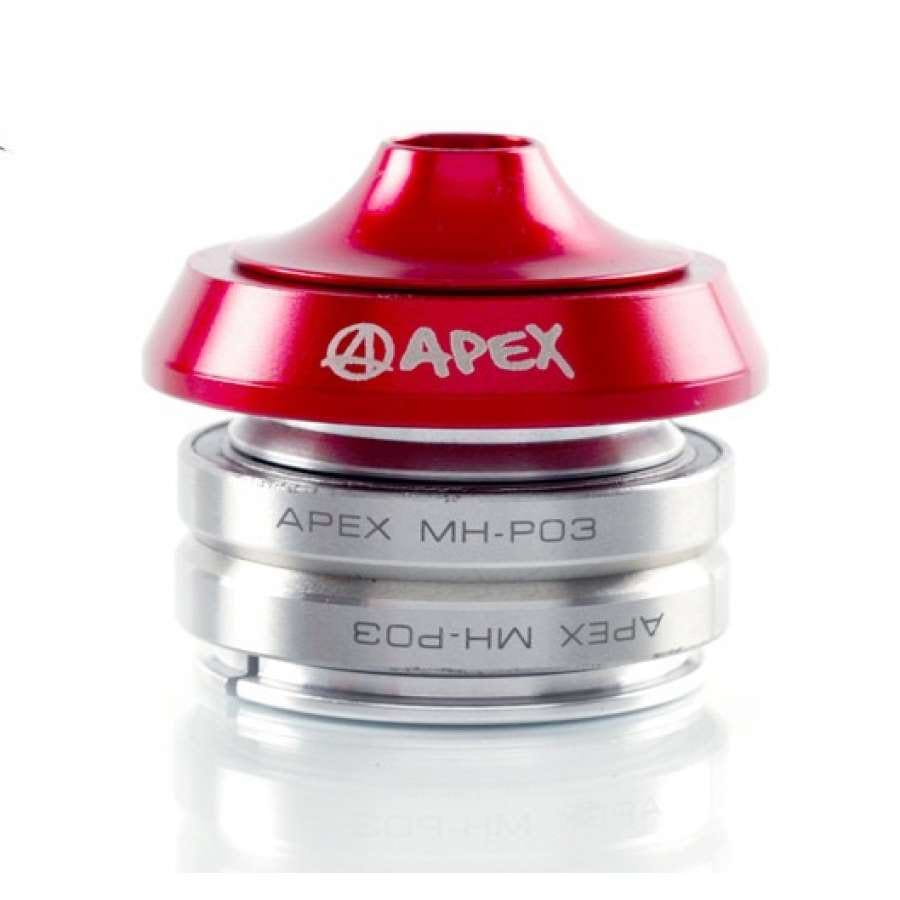 Close-up of a red and silver Apex Integrated Stunt Scooter Headset, labeled "Apex MH-P03." The red top is cone-shaped and the silver base is cylindrical, reflecting the sleek design of a stunt scooter. Branding details stand out against the plain white background.