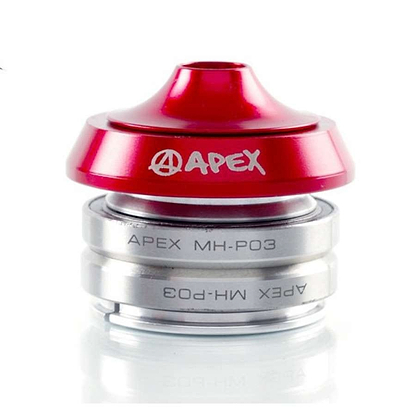 Close-up of a red and silver Apex Integrated Stunt Scooter Headset, labeled "Apex MH-P03." The red top is cone-shaped and the silver base is cylindrical, reflecting the sleek design of a stunt scooter. Branding details stand out against the plain white background.