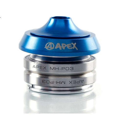 The Apex Integrated Stunt Scooter Headset in blue is perfect for a stunt scooter, featuring a conical top in blue and silver. "Apex" is boldly printed on the polished finish, making it ideal for an integrated scooter deck.
