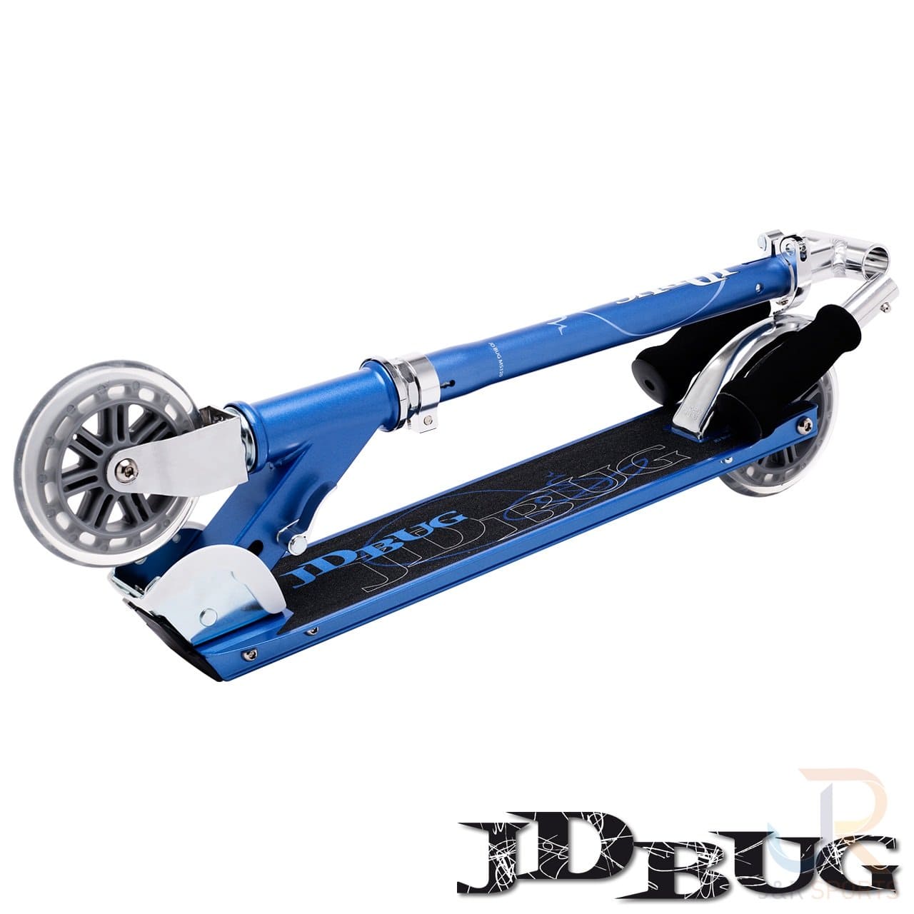 The JD Bug Classic Street 120 Kids Foldable Kick Scooter - Reflex Blue is a lightweight marvel with a blue frame, silver wheels, and black grip tape. Its handlebar folds neatly to the deck for compact storage and displays the iconic JD Bug logo.