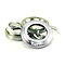 The Tilt Integrated Stunt Scooter Headset - Silver by Tilt features silver bearings and anodized dust covers, with the main bearing cover displaying the "TILT" logo, all arranged slightly overlapping on a white background.
